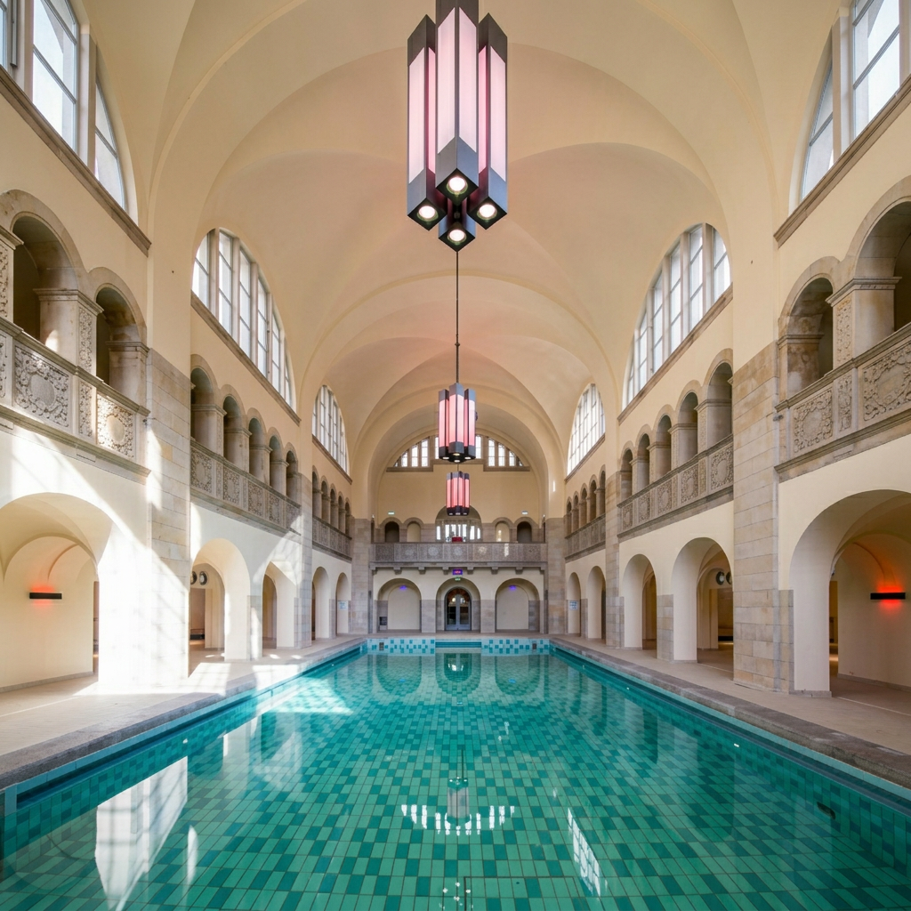 The restored 1902 swimming pool at Hotel Oderberger, water filling the vaulted historic bathhouse hall